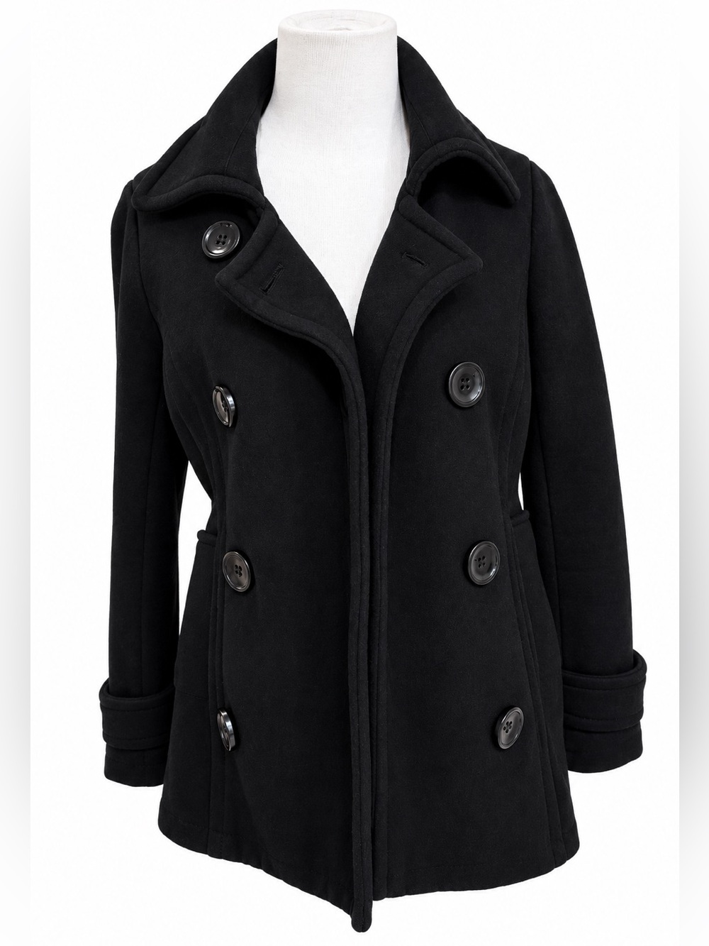 Love Culture Black Double-Breasted Peacoat with Wide Lapel Size Medium